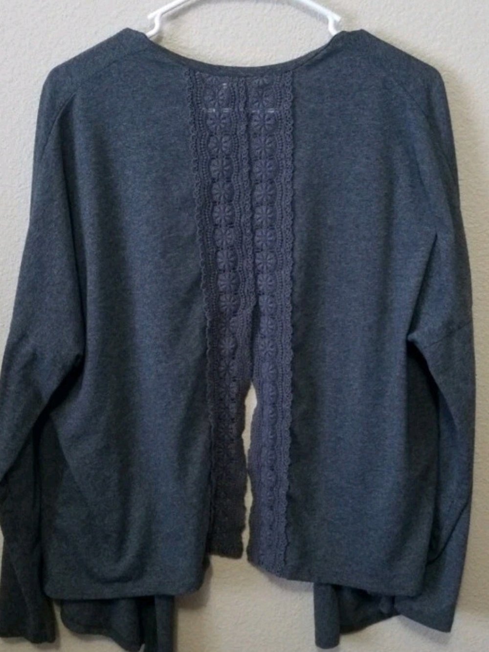 Boho Lace Trim Open Front Waterfall Cardigan Gray Drape Lightweight XS Small